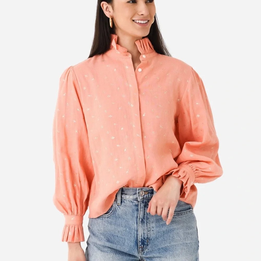 Delete Koch Phoebe Top Button Shirt Ruffle Collar Metallic Blouse Small - Picture 4 of 11